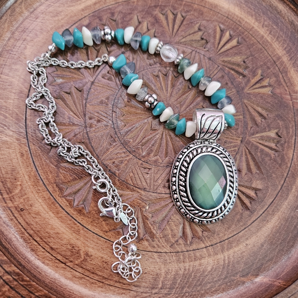Avon Green, Teal, White and Silver-tone Necklace with Removable Pendant